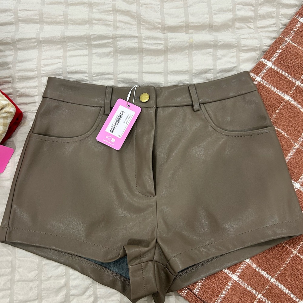 Edikted Taupe Faux Leather High Waist Shorts